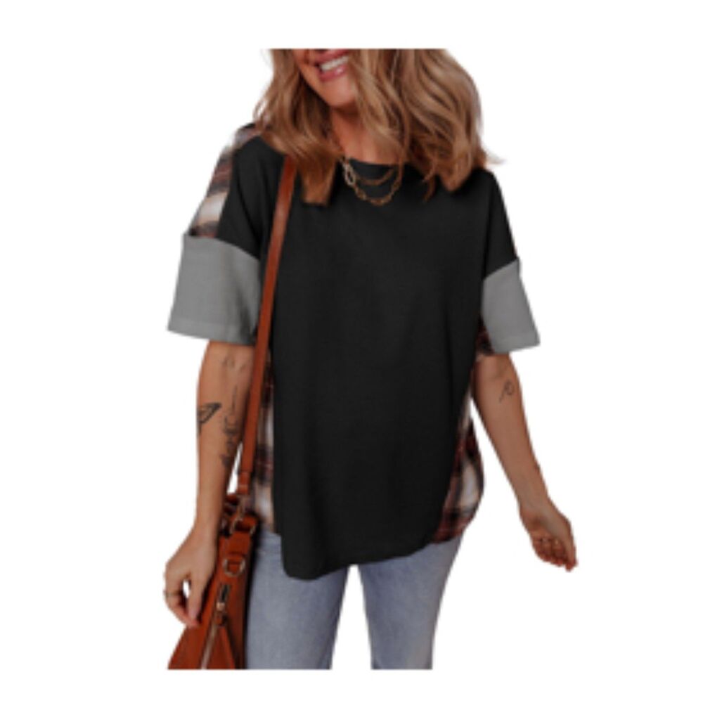 WAFFLE KNIT BLACK AND GRAY CREWNECK SHORT SLEEVE, SMALL, 5H-138T011